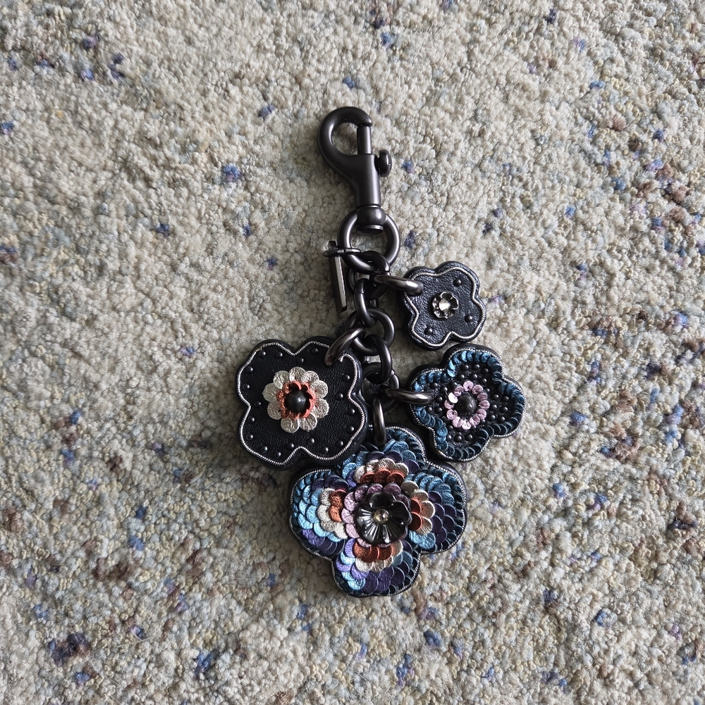 Coach Sequins Tea Rose Leather Bag Charm Keychain Charm With Gunmetal Hardware